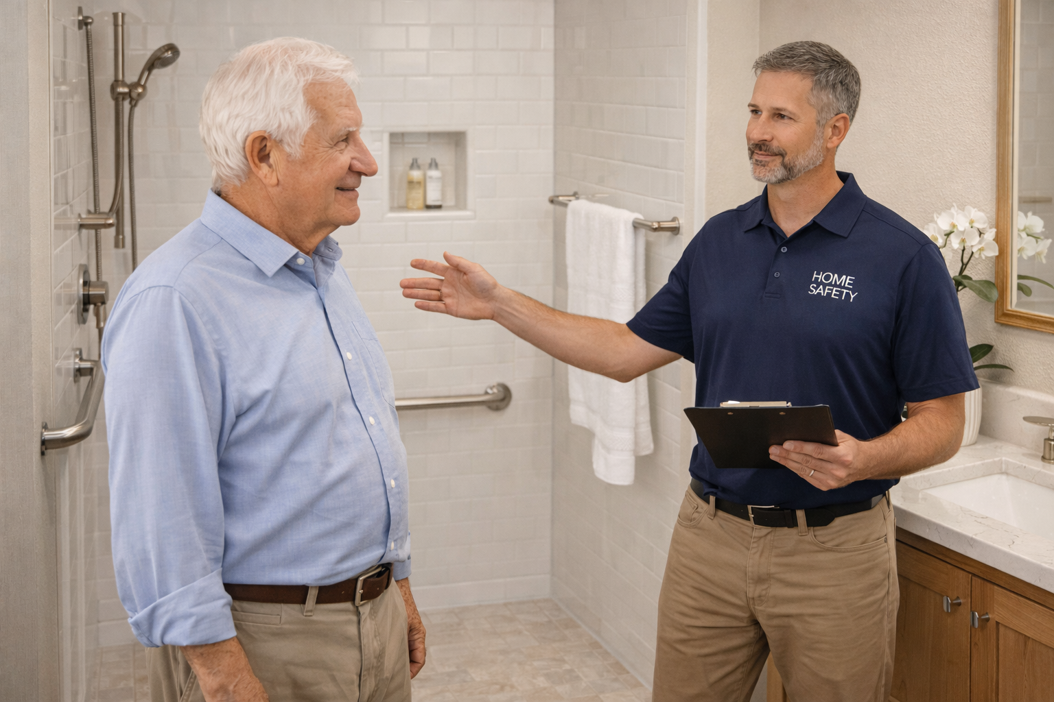 A home safety inspector talking to an elderly man in a bathroom while holding a clipboard.