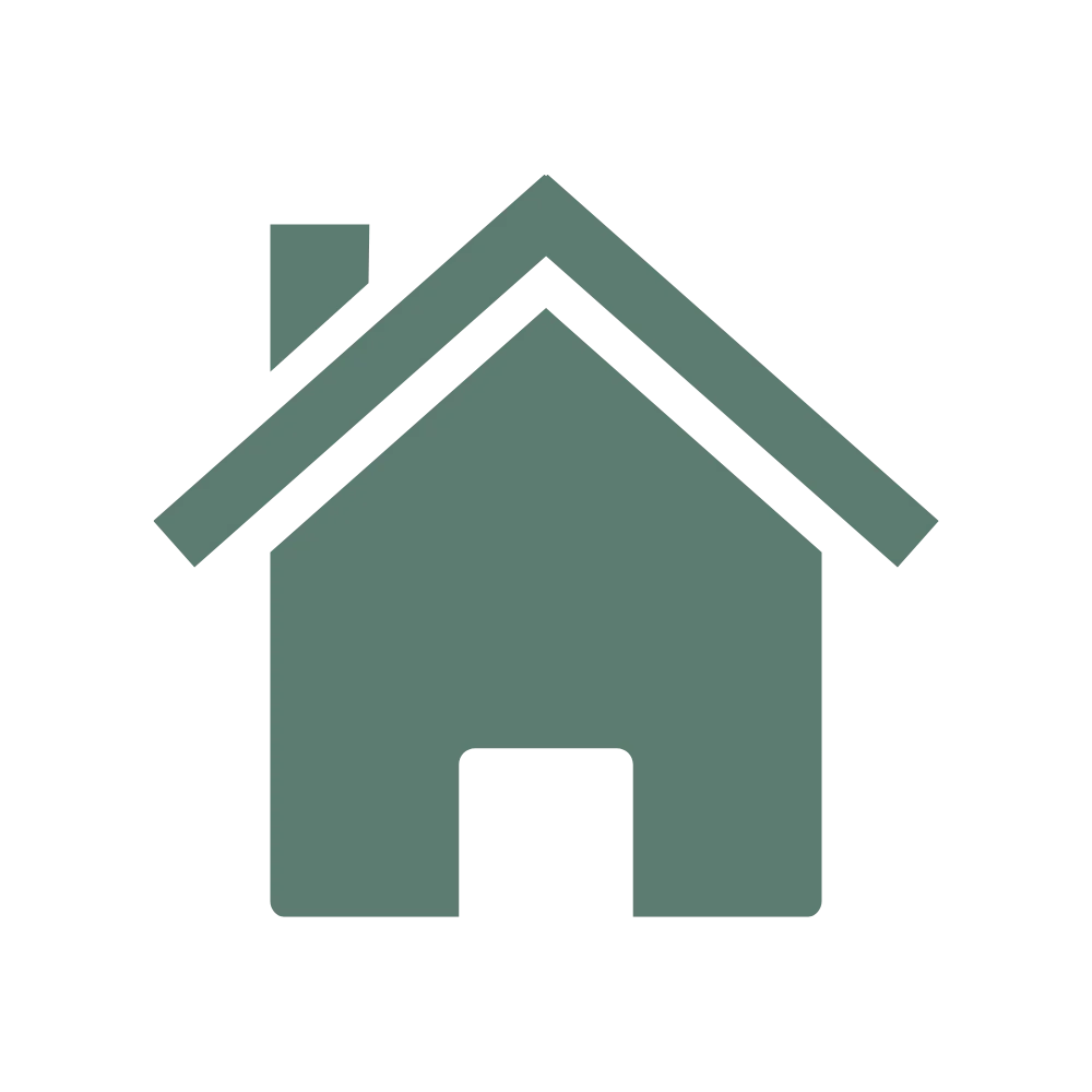 Minimalist house icon with a sloped roof, a chimney on the left side, and a central door.