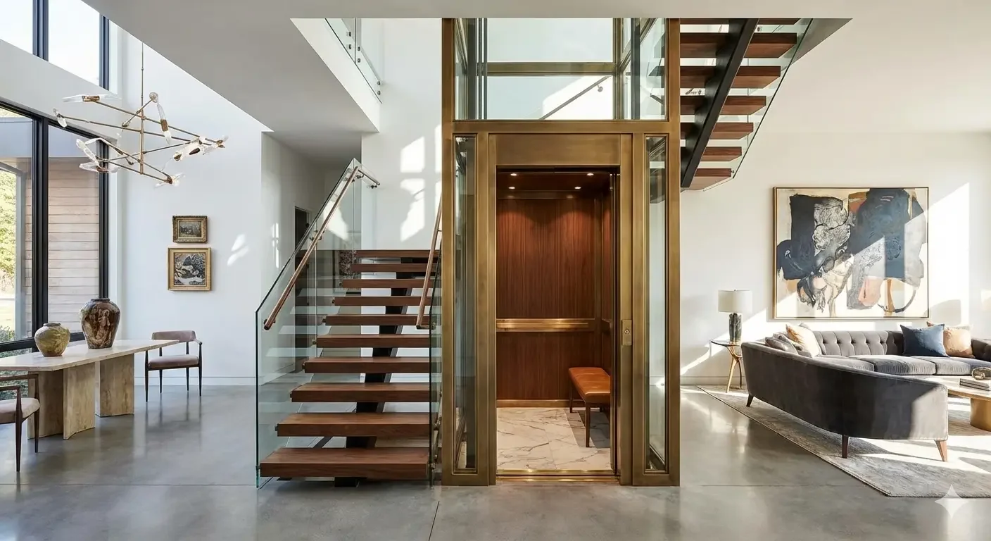 Modern living room with staircase, high ceilings, large windows, artwork on walls, and an elevator in the center.
