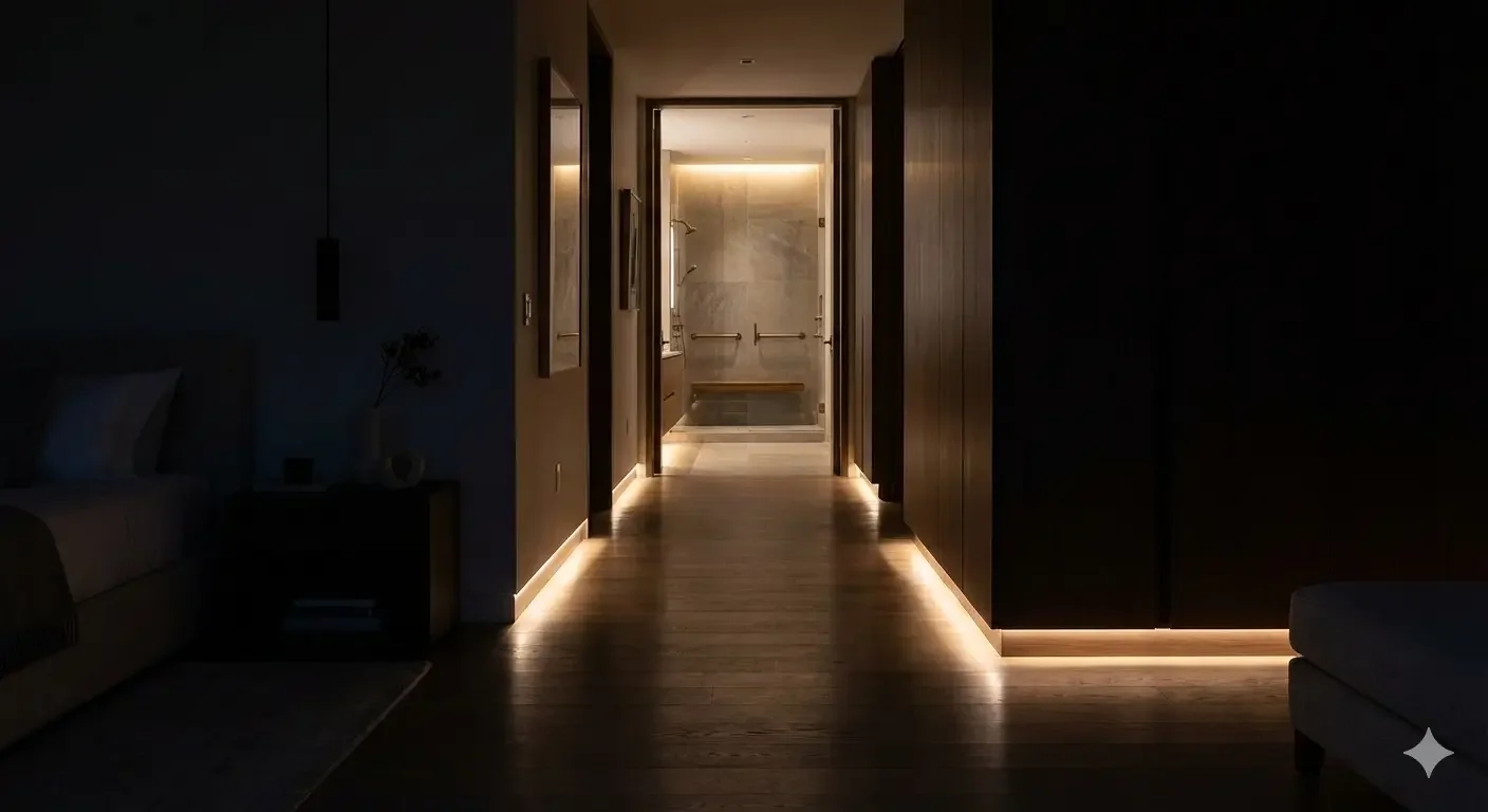Dark hallway leading to a well-lit bathroom with walk-in shower at the end, illuminated by subtle LED lighting along the floors and ceiling.