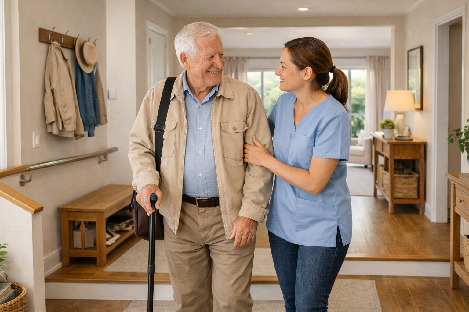 A young female caregiver helping an elderly man with a walking stick inside a home, smiling at each other.