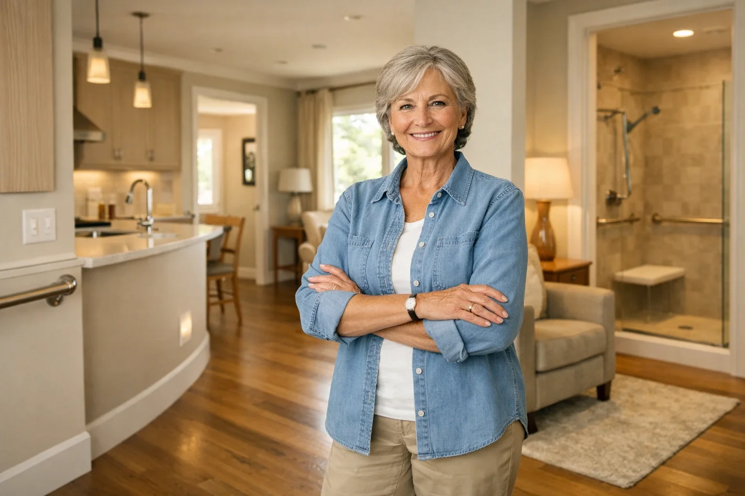 Smiling elderly woman with grey hair standing with arms crossed in a bright, modern home living room.