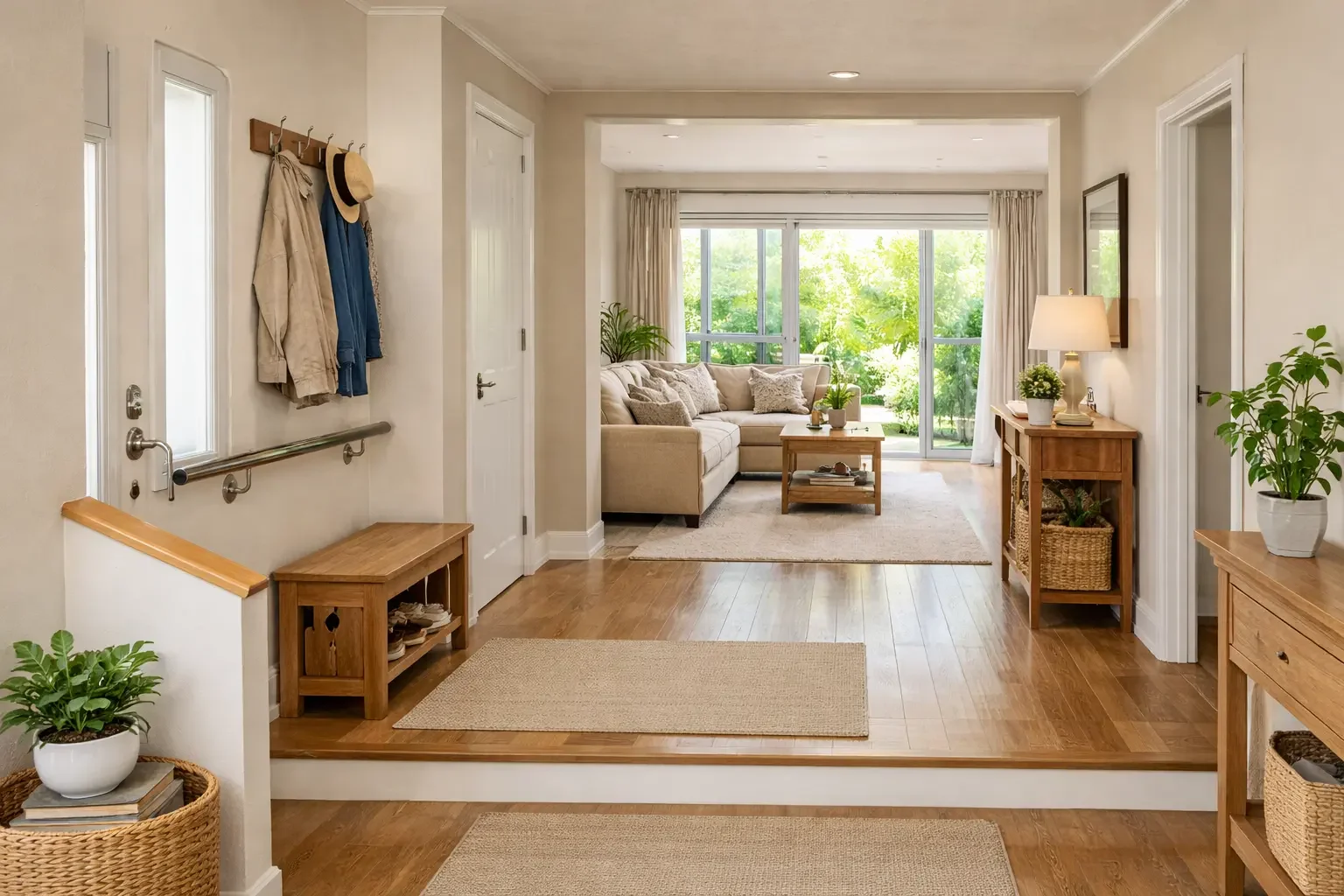 Living room with beige sofa, wooden coffee table, sliding glass door, and green outdoor scenery
