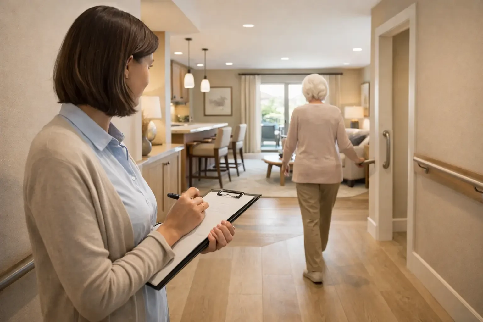A caregiver taking notes while observing an elderly woman walking through a comfortable, well-lit living space with an open kitchen and sliding glass door.