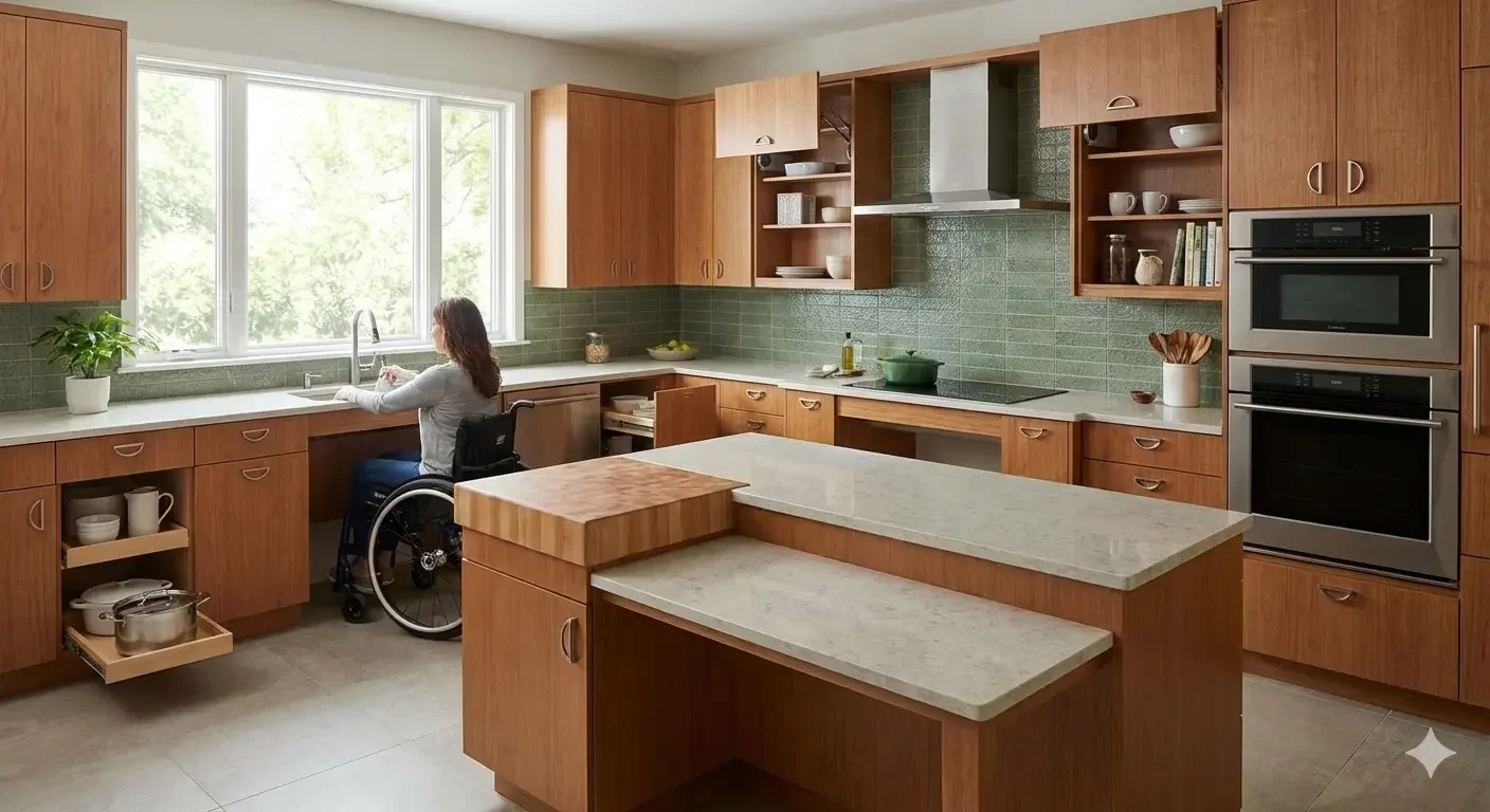 A person in a wheelchair is sitting at a kitchen counter near a large window, with green tiles on the backsplash and wooden cabinets. The kitchen has an island with a light-colored granite countertop.