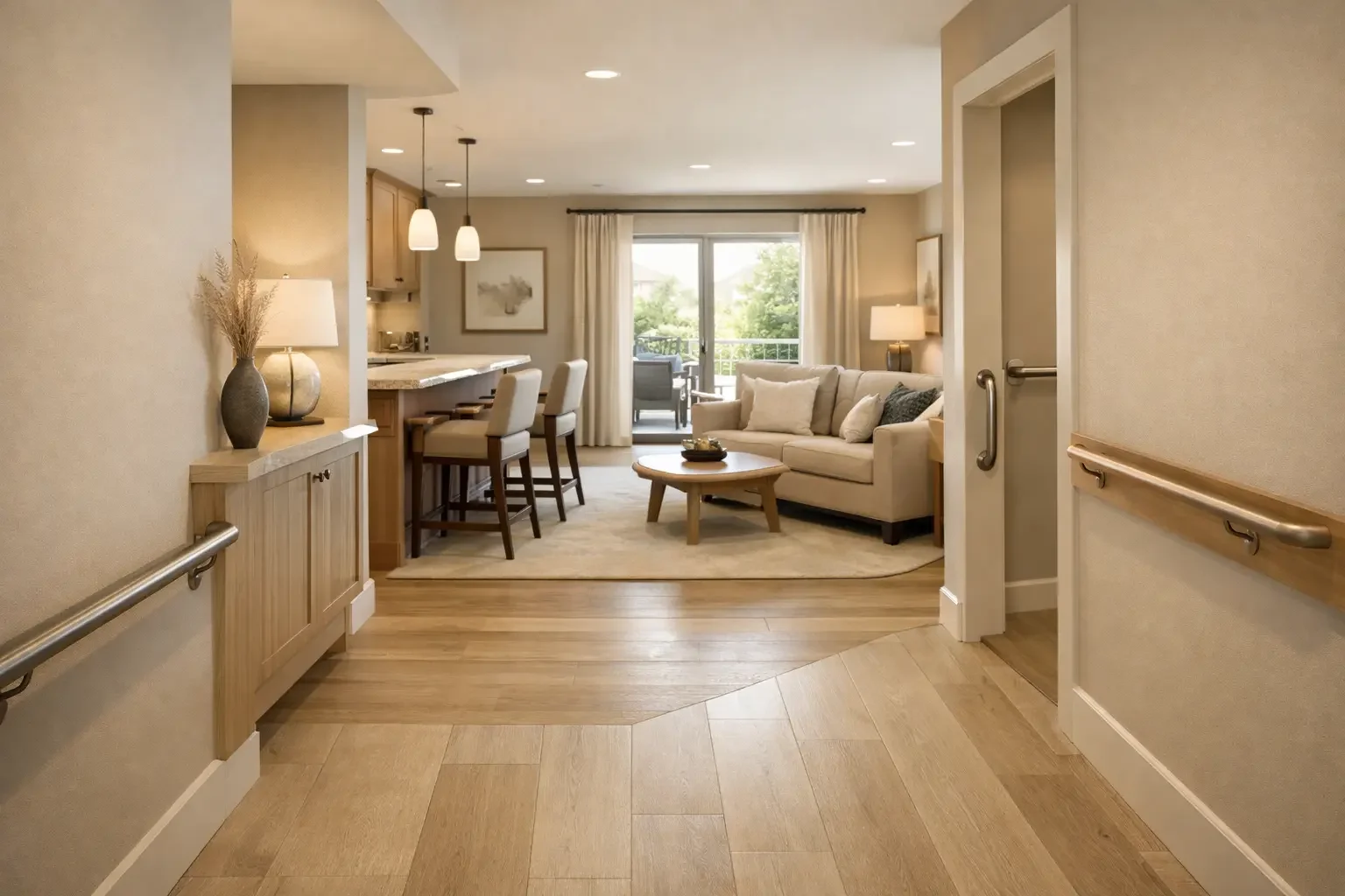 View from a hallway into a bright living room with a sliding glass door leading to a balcony, a beige sofa, a round coffee table, curtains, artwork, and pendant lights over a kitchen island with barstools.