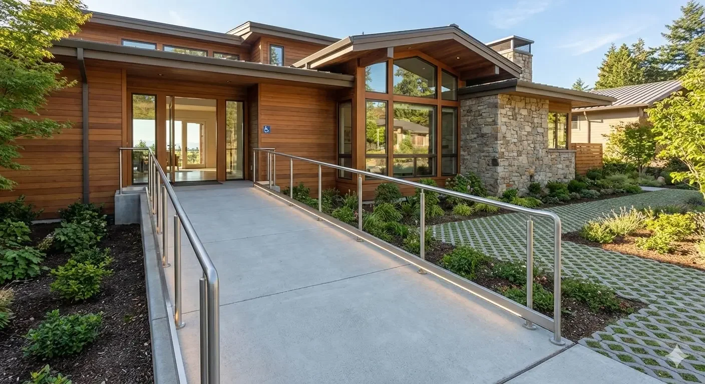 Modern house entrance with a concrete wheelchair accessible ramp, metal railings, large windows, wooden siding, stone accent wall, and landscaped garden with bushes and trees.