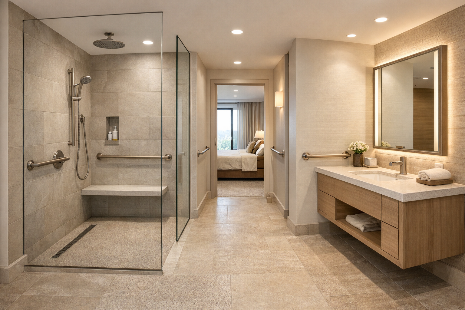 Modern bathroom with a glass shower, wooden vanity with a mirror, and a view into a bedroom with a large window and bed.
