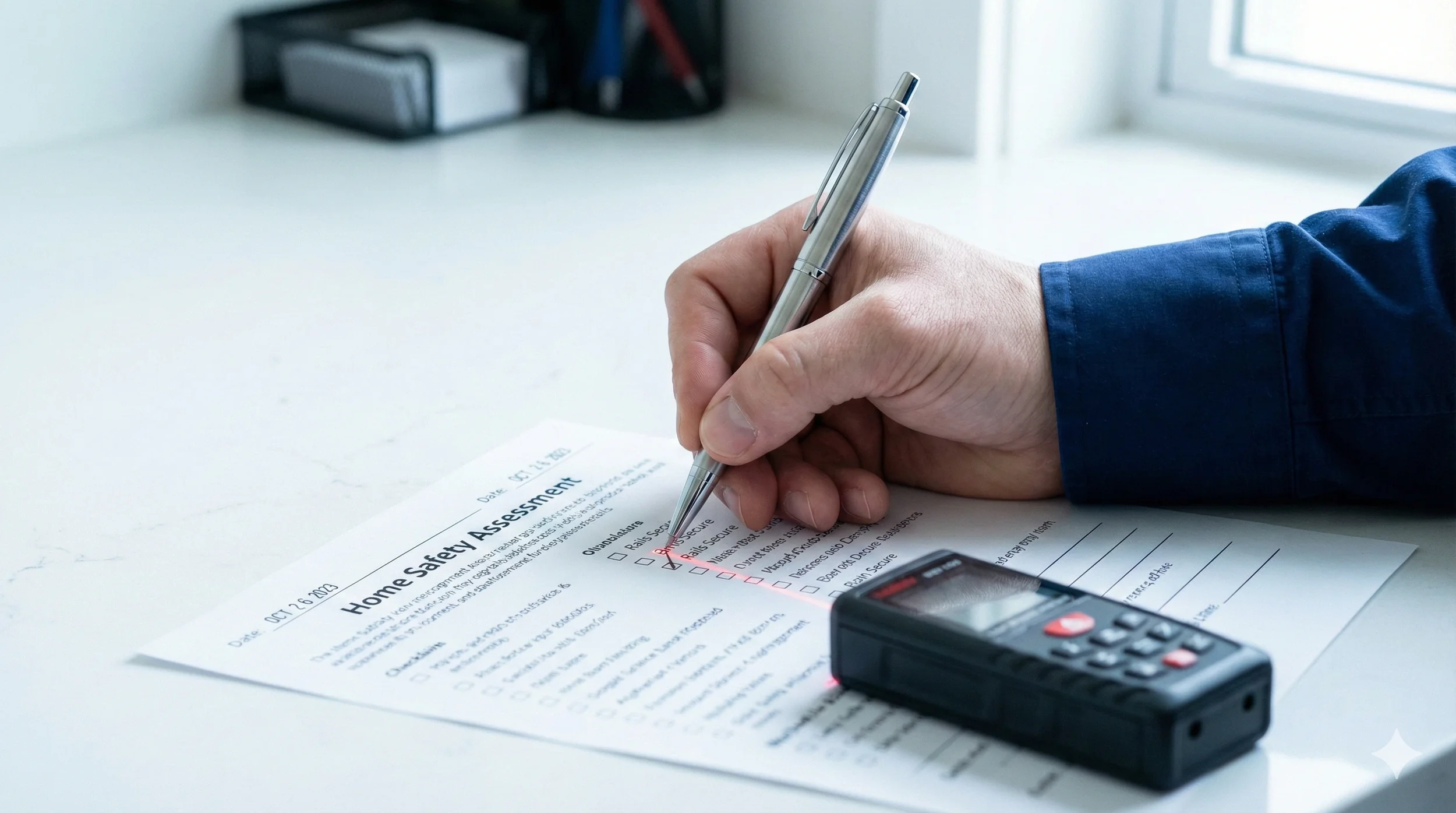 Person filling out a home safety assessment form with a pen, on a white table near a window, with a remote control device placed on the paper.