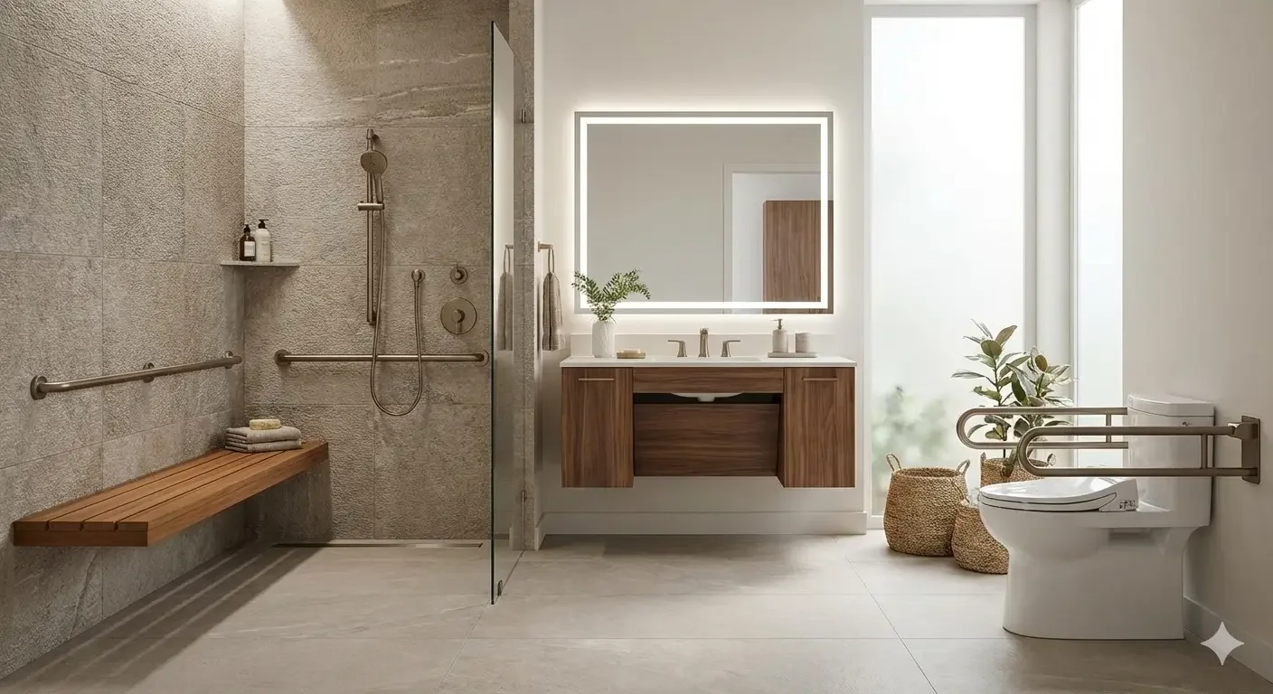 Modern bathroom with large window, wooden vanity with sink, illuminated mirror, plant, woven baskets, and a toilet with safety rails