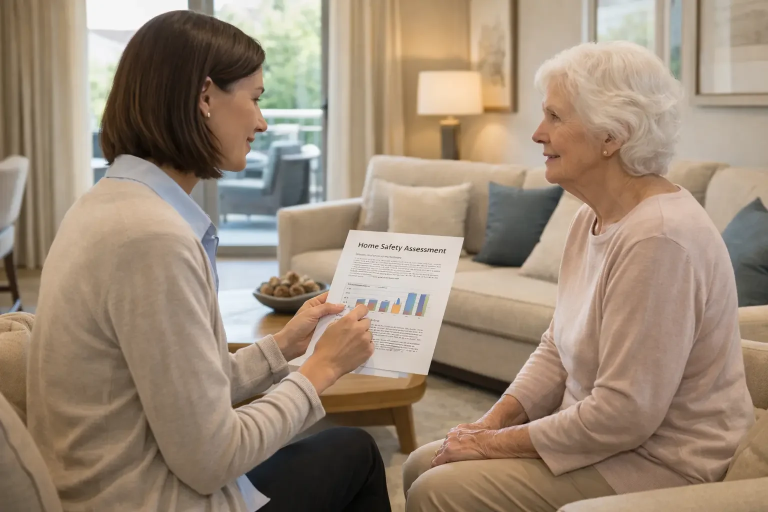 A woman in a light sweater shows a home safety assessment report to an elderly woman in a beige shirt, sitting on a cream sofa in a living room.