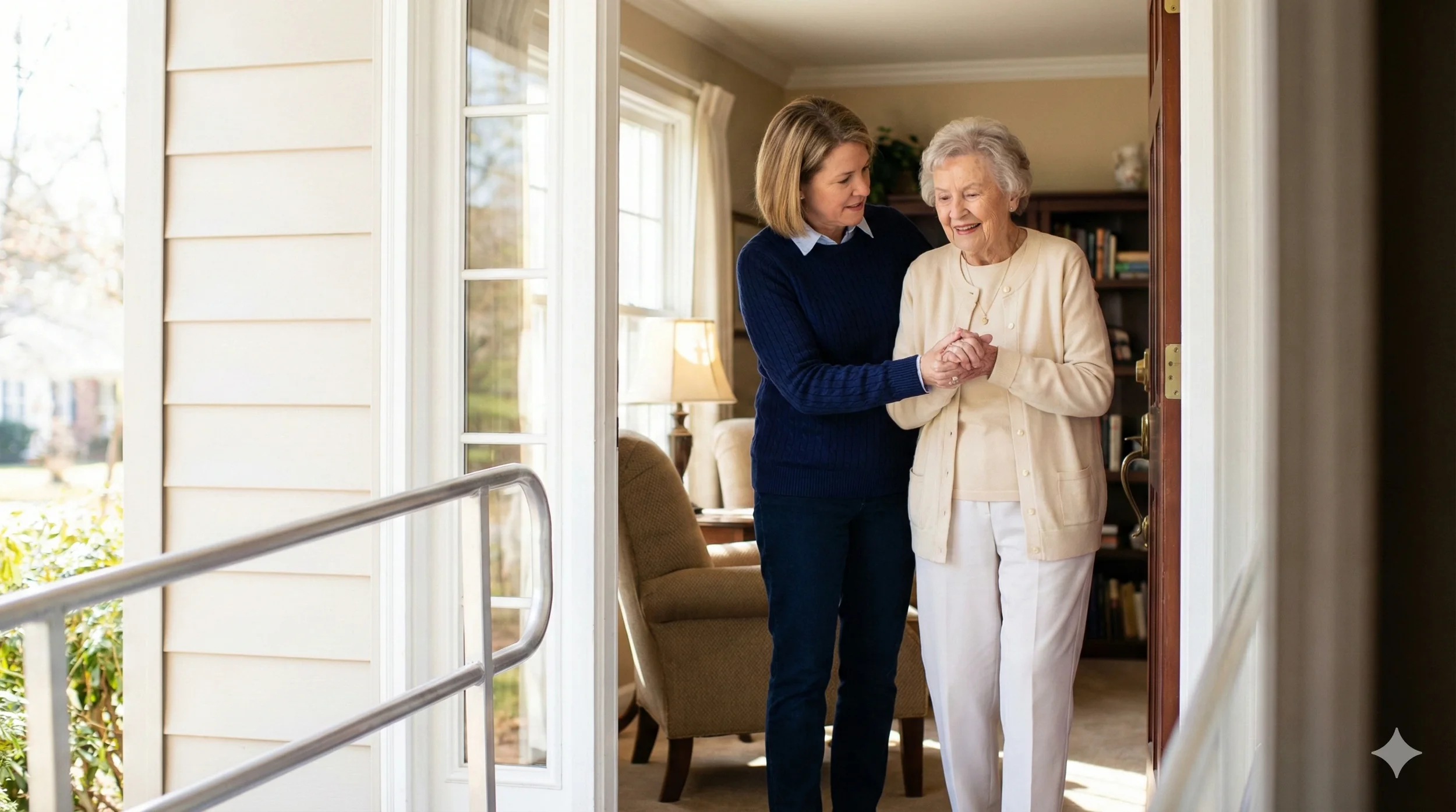 A woman helping an elderly woman step outside her house, holding hands and smiling.