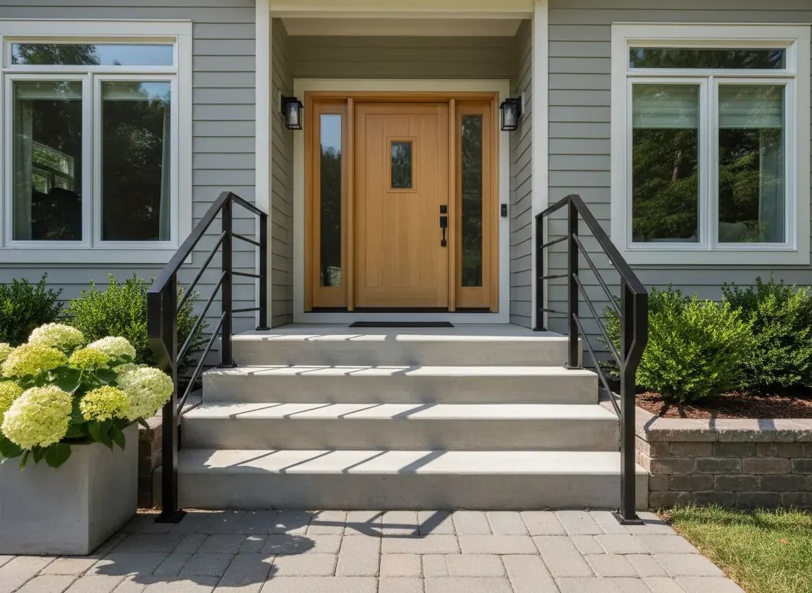 Firefly_Gemini Flash_Front steps with handrails__A home entry with short steps and sleek black handrails i 762780.webp