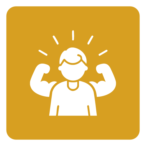 Icon of a person flexing arms, with lines around their head indicating strength or confidence, on a gold background.