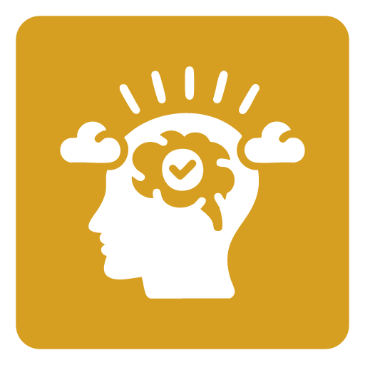 Silhouette of a human head with clouds and a checkmark inside the brain, with rays emanating from the head, symbolizing mental clarity or positive thinking.