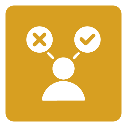 Icon showing a person with two thought bubbles, one with an X and one with a checkmark.