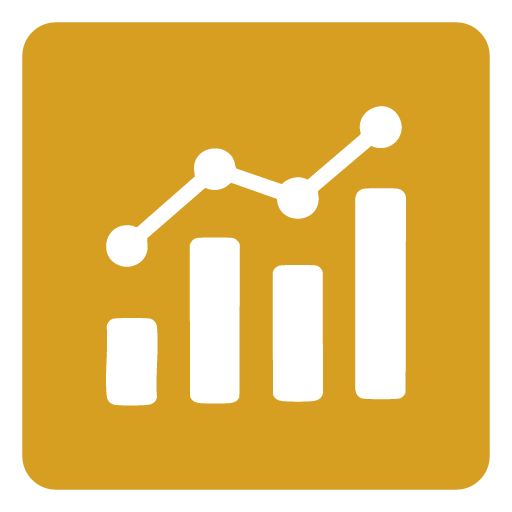 Icon showing a bar chart with a line graph connecting four points, all in white on a gold background.