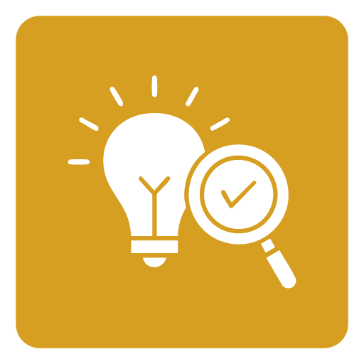 Lightbulb icon next to a magnifying glass with a checkmark inside.