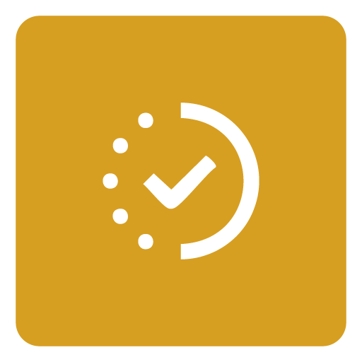 A gold-colored icon with a white checkmark inside a clock face, indicating completed or on-time status.