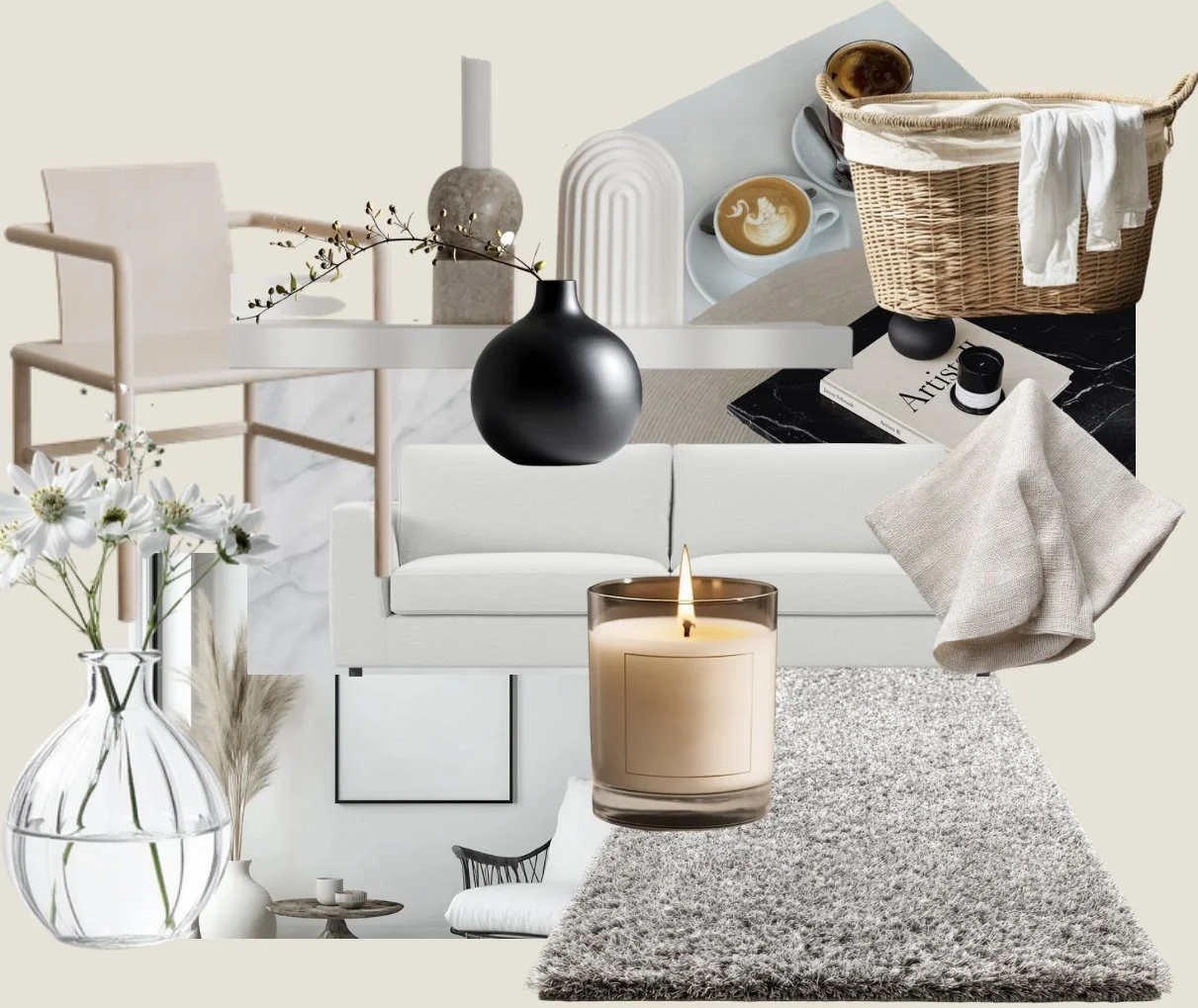 Collage of home decor items including a white sofa, black vase, candles, flowers, books, coffee cups, a basket with laundry, and artwork in neutral tones.