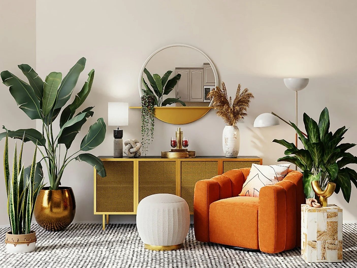 Living room with large green potted plants, a mustard-colored cabinet, an orange velvet armchair, a white pouf, and decorative vases with foliage and dried grasses, all against a neutral wall with a mirror and modern floor lamps.