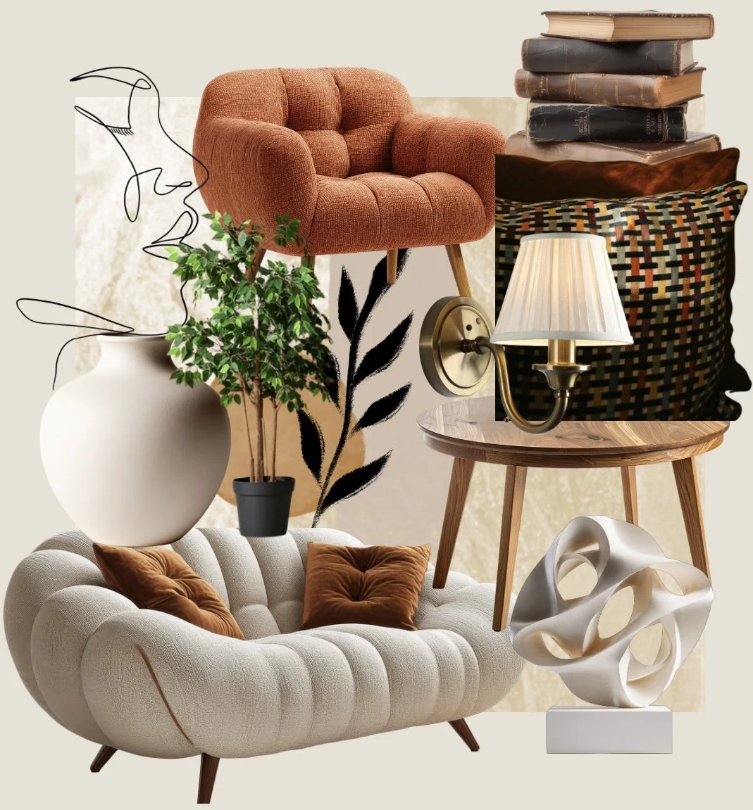 A collage of home decor items including a white tufted sofa with two rust-colored pillows, a beige vase with a green plant, a multiple stack of old books, a wooden side table with a white lampshade, a brass wall sconce, a large decorative white sculpture, and an abstract continuous line drawing of two faces, all set against a light background.
