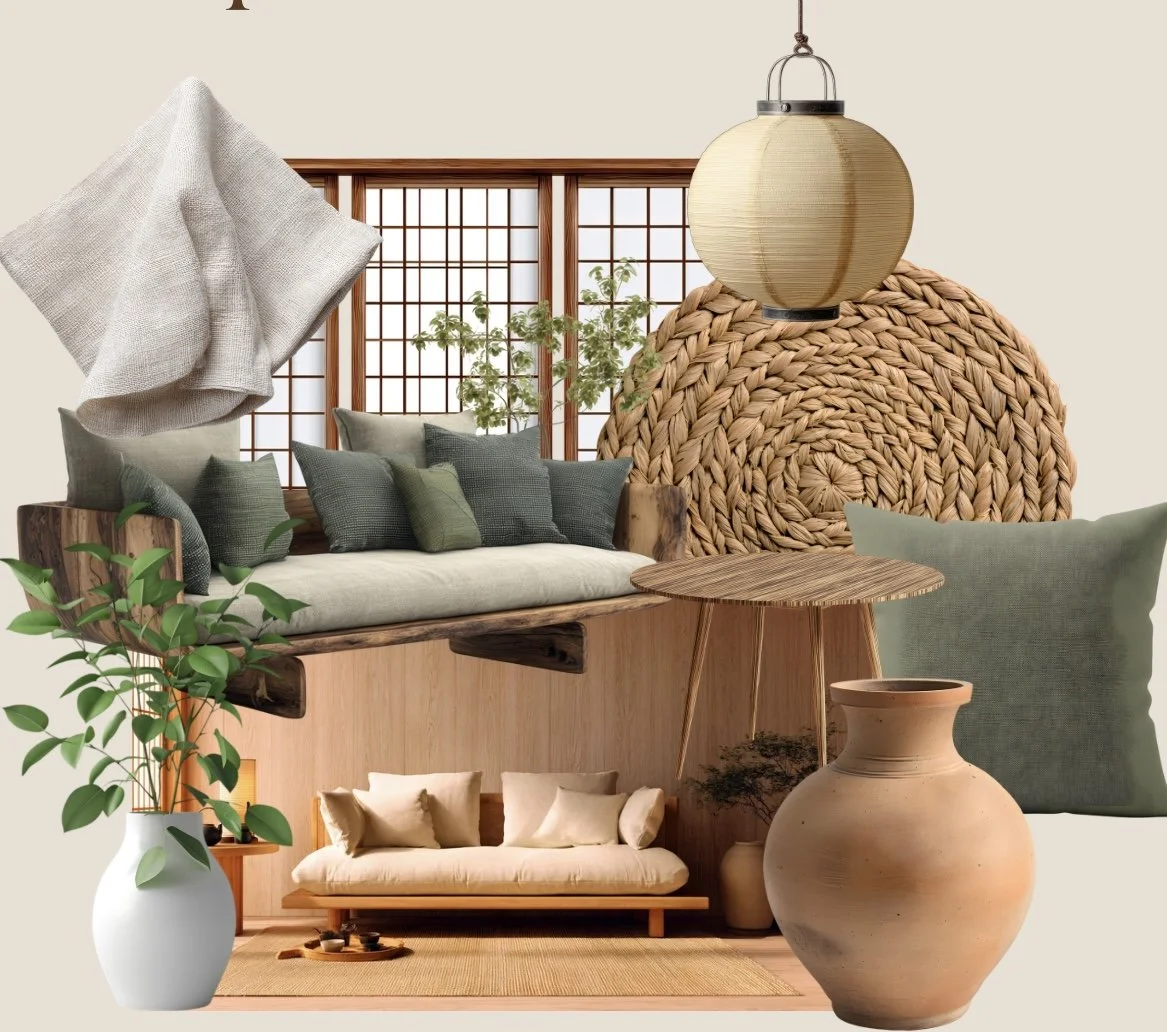 Collage of cozy interior decor with a wooden sofa and pillows, a side table, plants, a hanging lamp, and a large woven wall hanging with shoji-style windows in the background.