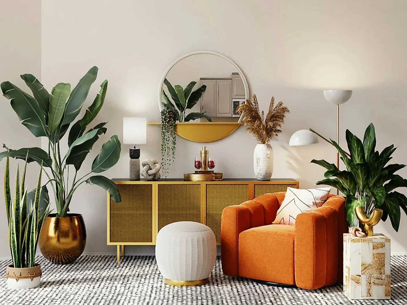 Living room with large green potted plants, an orange armchair, a white textured pouf, and a yellow sideboard decorated with vases, a mirror, and decorative objects.
