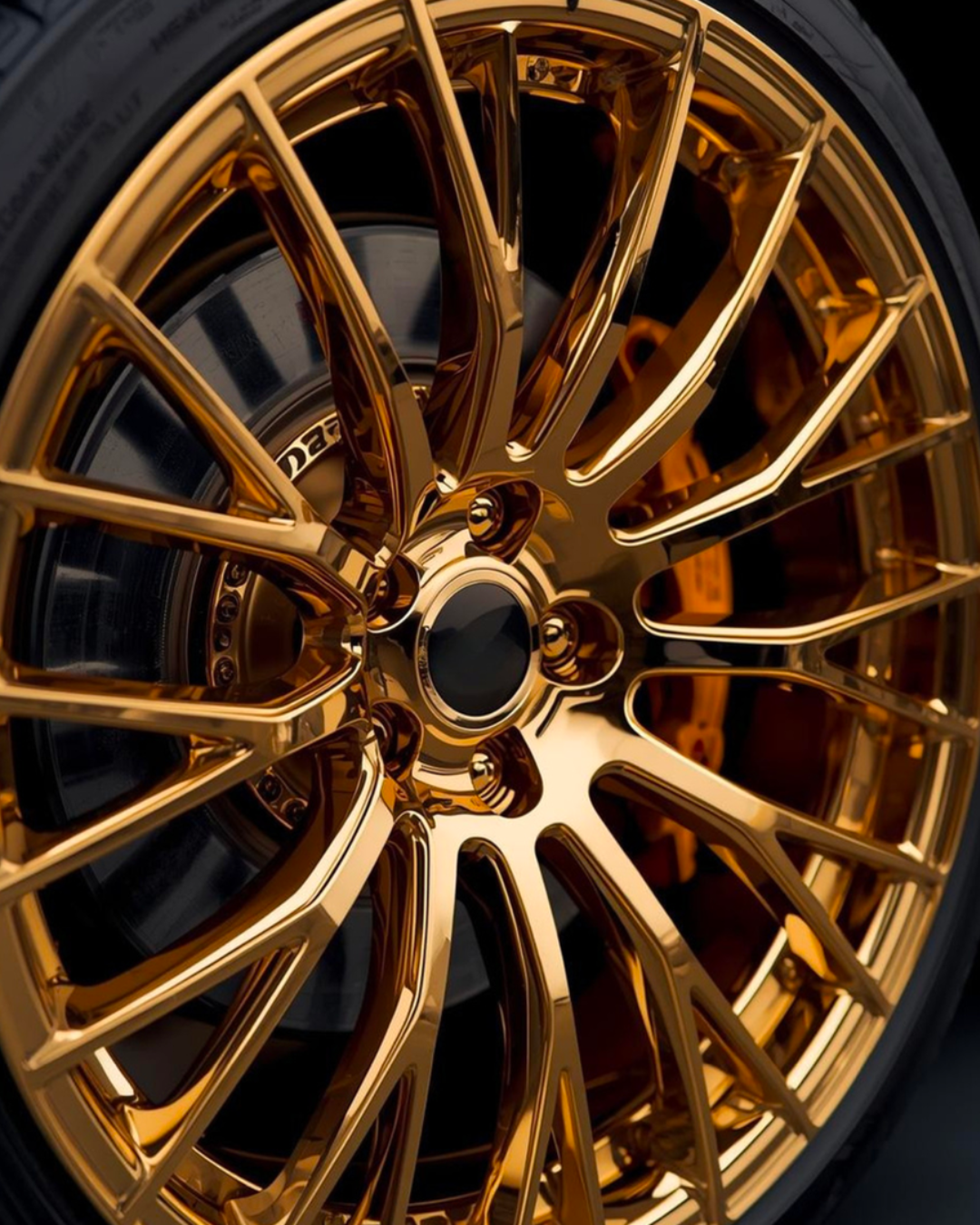 Close-up of a shiny, gold-colored alloy wheel with a black center cap and a tire mounted around it.