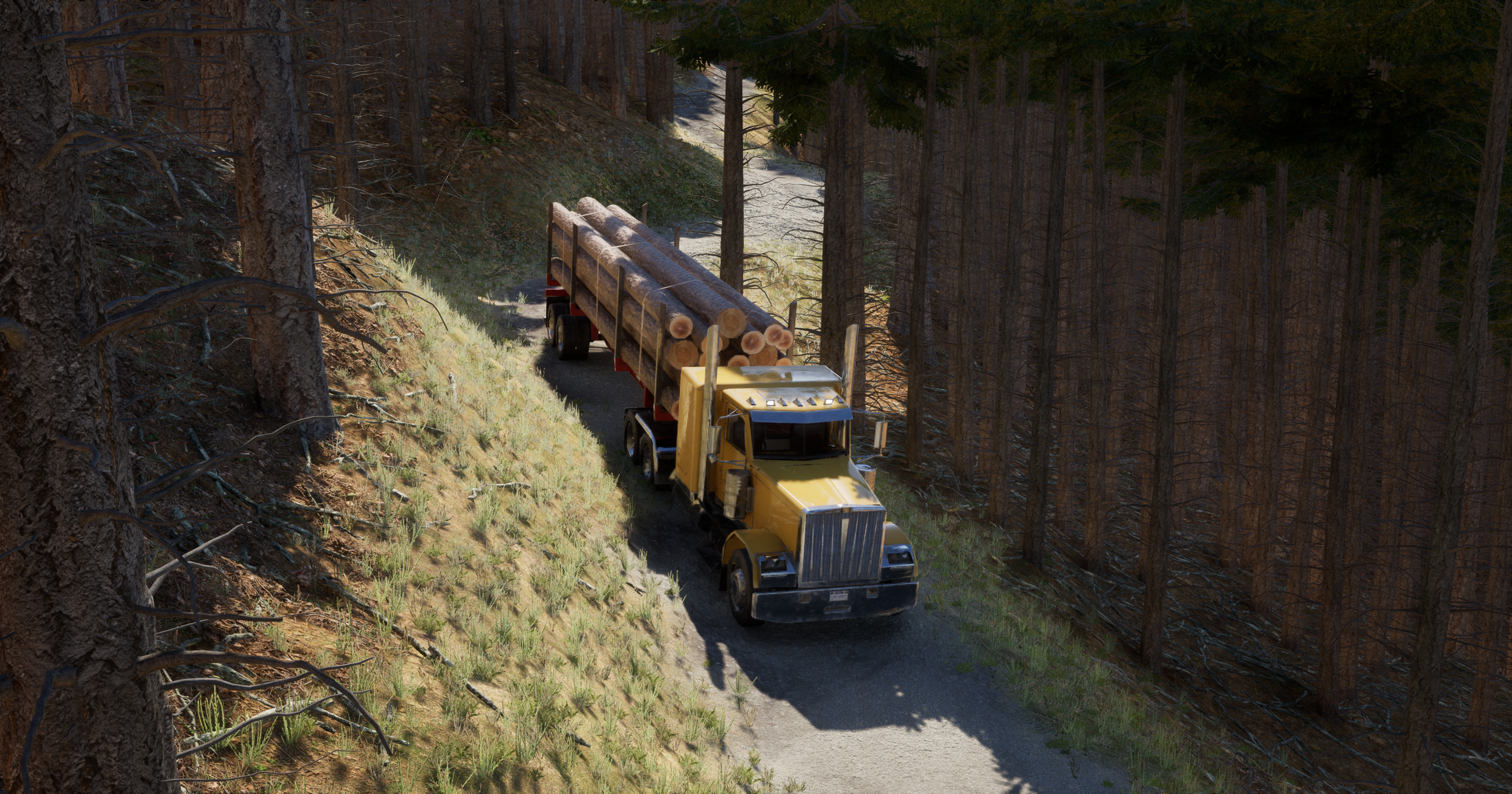 A yellow semi-truck driving on a narrow mountain dirt road, carrying logs, surrounded by a forest with tall trees.