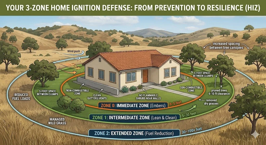 Diagram showing the 3-Zone Home Ignition Defense system for wildfire prevention, highlighting the Immediate, Intermediate, and Extended zones around a home.
