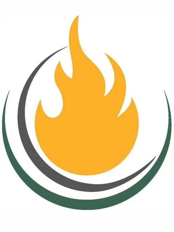 A stylized flame logo with a yellow-orange flame inside a black circle, bordered by green and gray arcs.