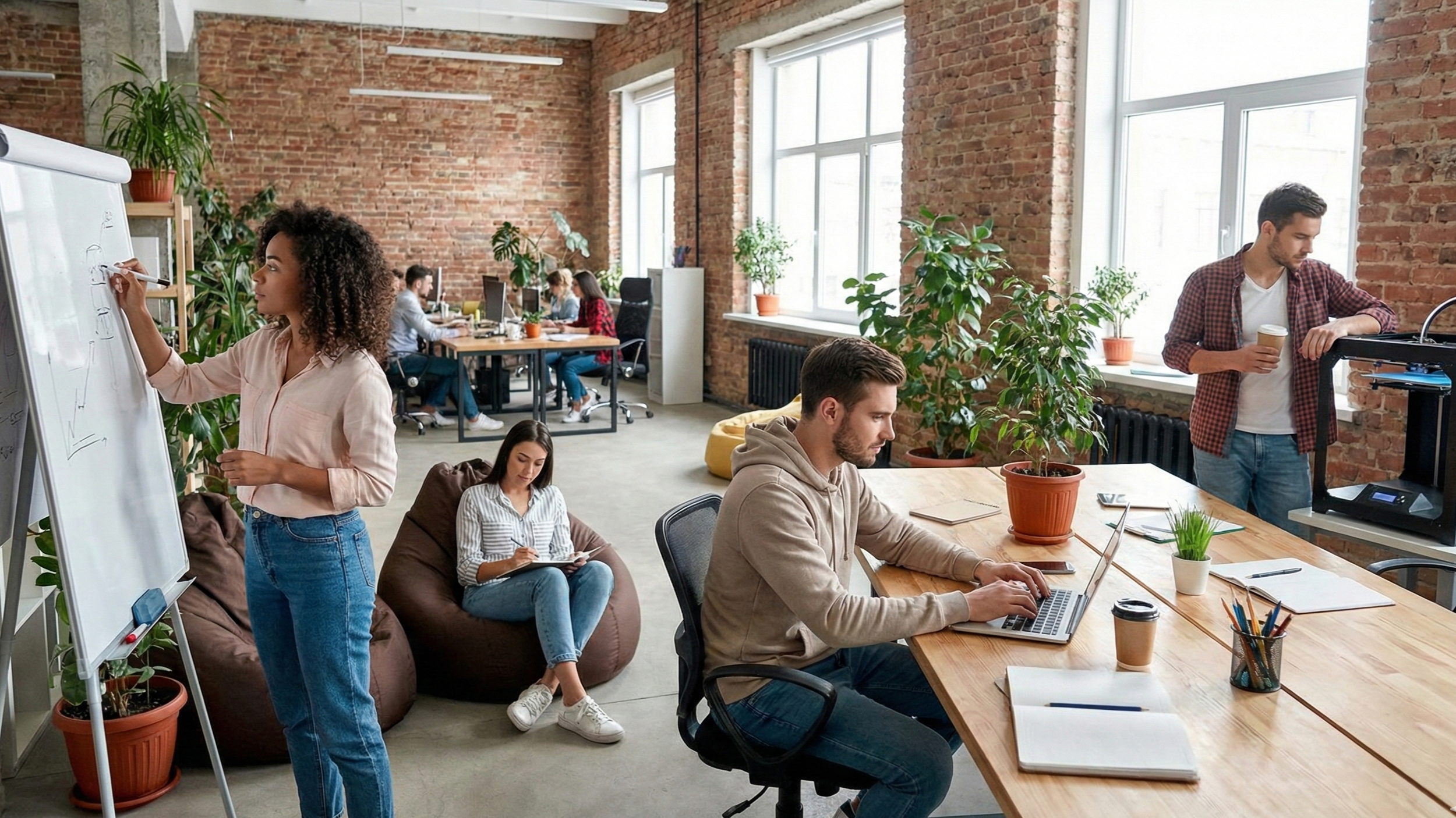 A modern coworking space with exposed brick walls and large windows. Several people are working: a woman is writing on a whiteboard, a man is typing on a laptop, and a man is holding a coffee cup. In the background, others work at desks with monitors, and some sit on bean bags or chairs, surrounded by various potted plants.
