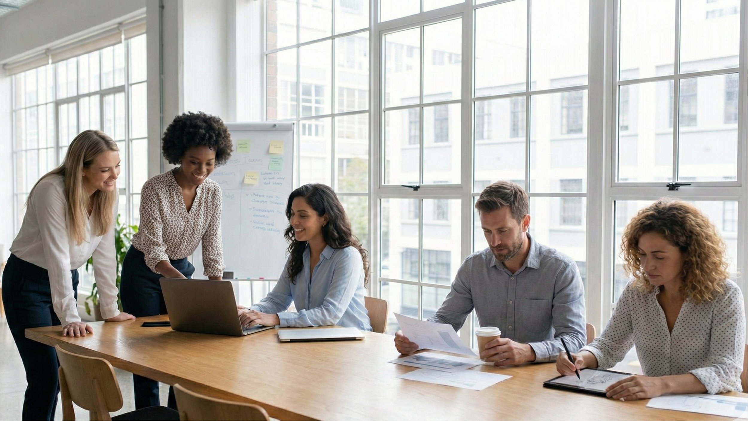 Five professionals in a meeting room with large windows, two women standing and three people sitting at a table working on laptops and papers.