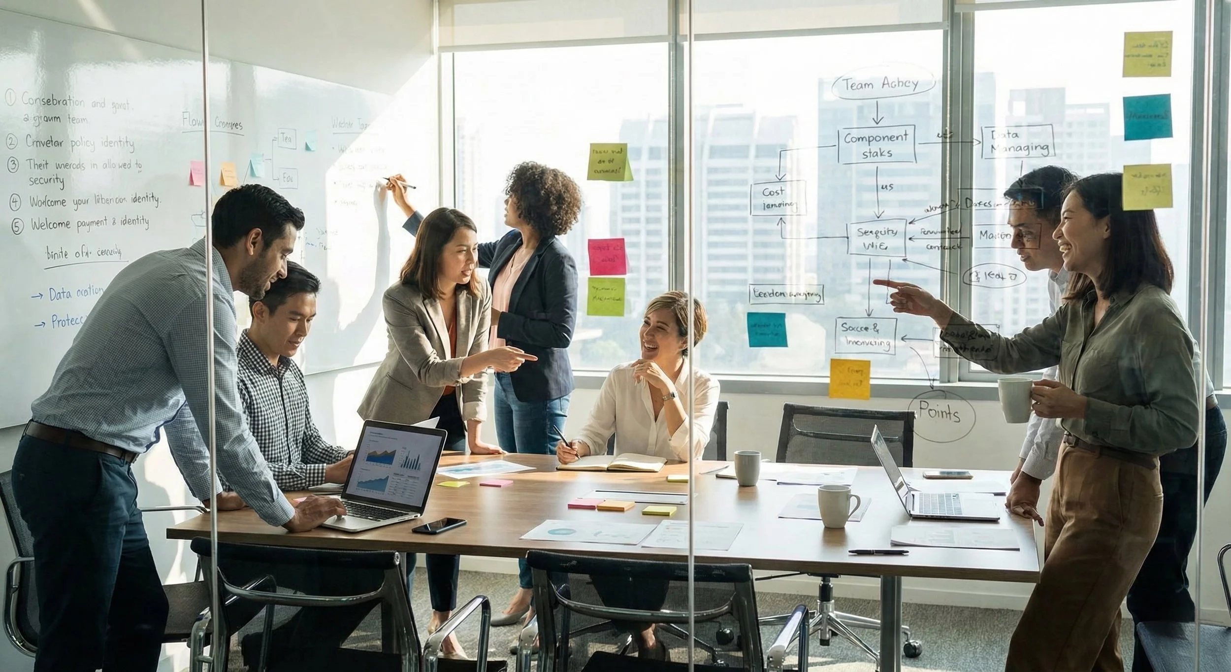 A diverse group of seven people collaborating in a modern office conference room with large windows, whiteboards with handwritten notes and sticky notes, and laptops on the table, engaged in a discussion and brainstorming session.