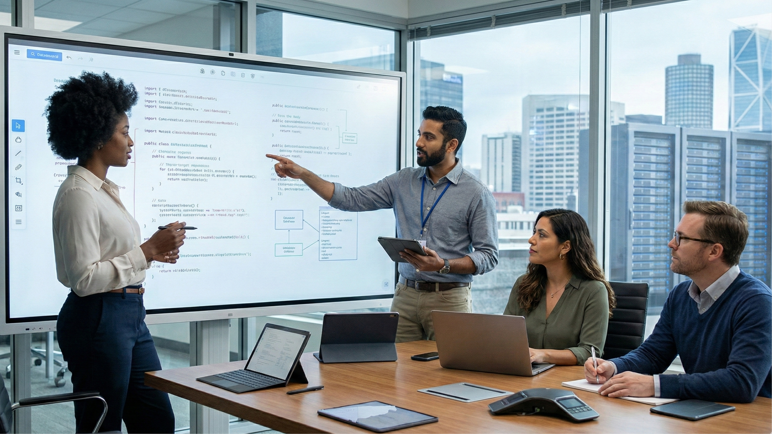 A diverse group of four people in a business meeting room with a large digital whiteboard displaying code. One woman is speaking, another man is pointing at the whiteboard, while the other woman and man listen attentively. The room has floor-to-ceiling windows with a cityscape view.