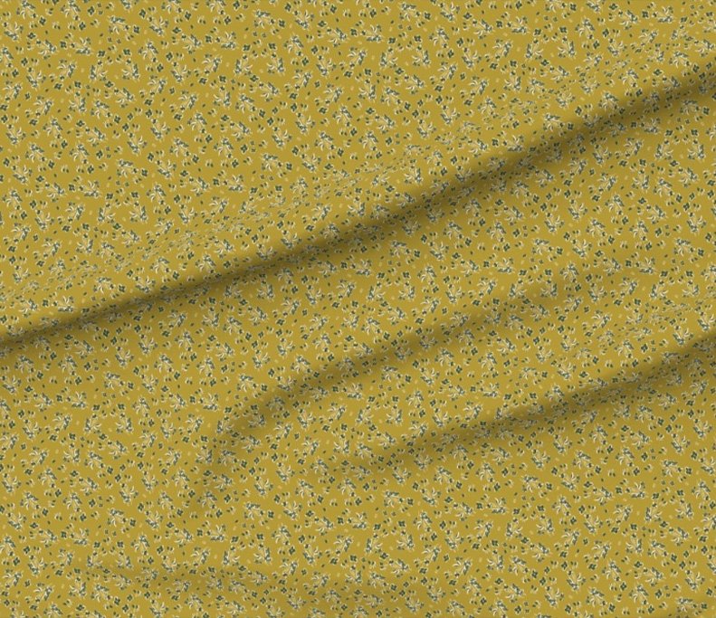 Navy and ecru block print on mustard background textile design by A Peek Behind the Kirton