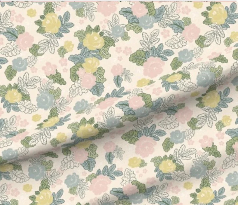 Blue block print textile design in spring color way by A Peek Behind the Kirton