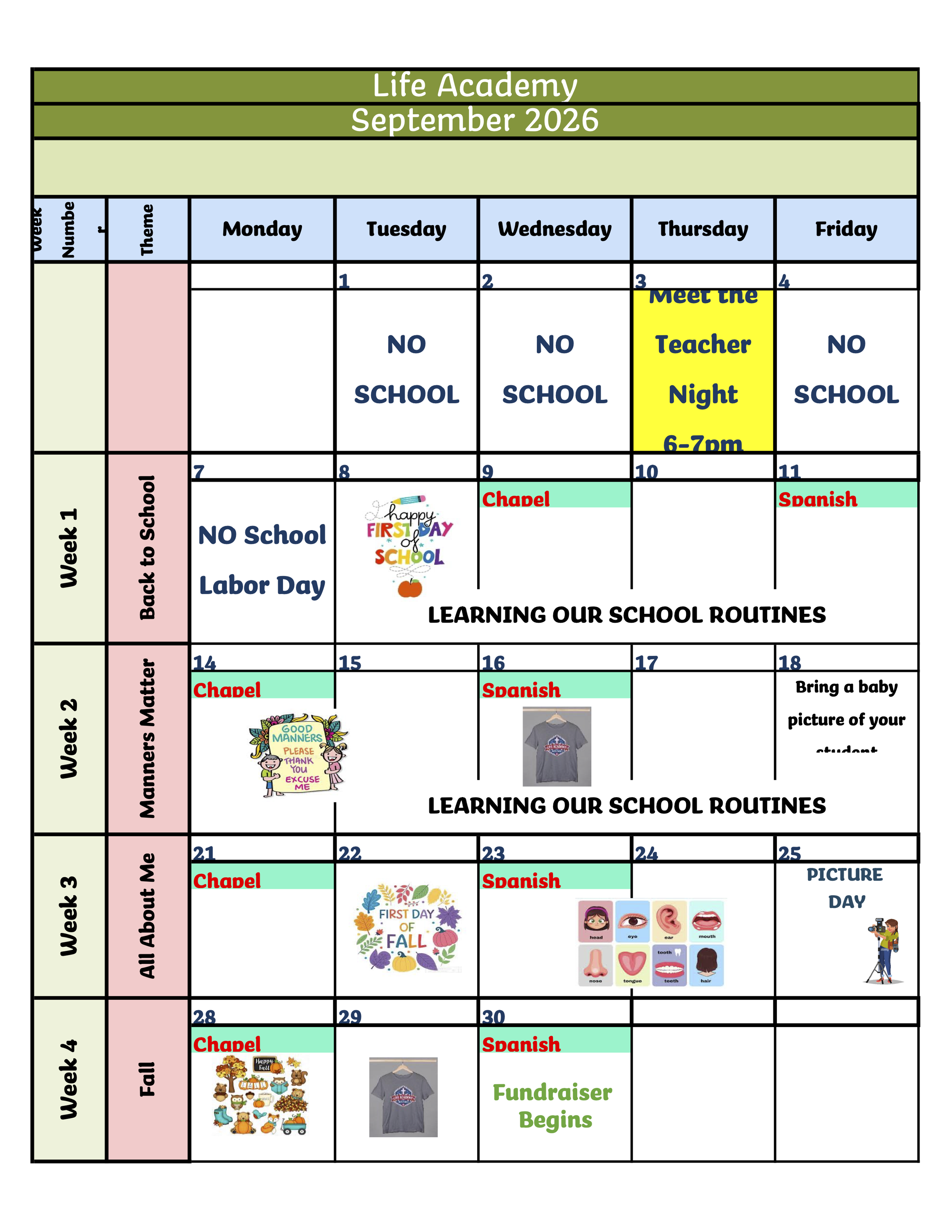 School calendar for September 2026 detailing weekly themes, events, and routines including no school days, special nights, and educational activities. Highlights include teacher night, first day of school, picture day, and Fundraiser begins, with images of children, educational icons, and seasonal decorations.
