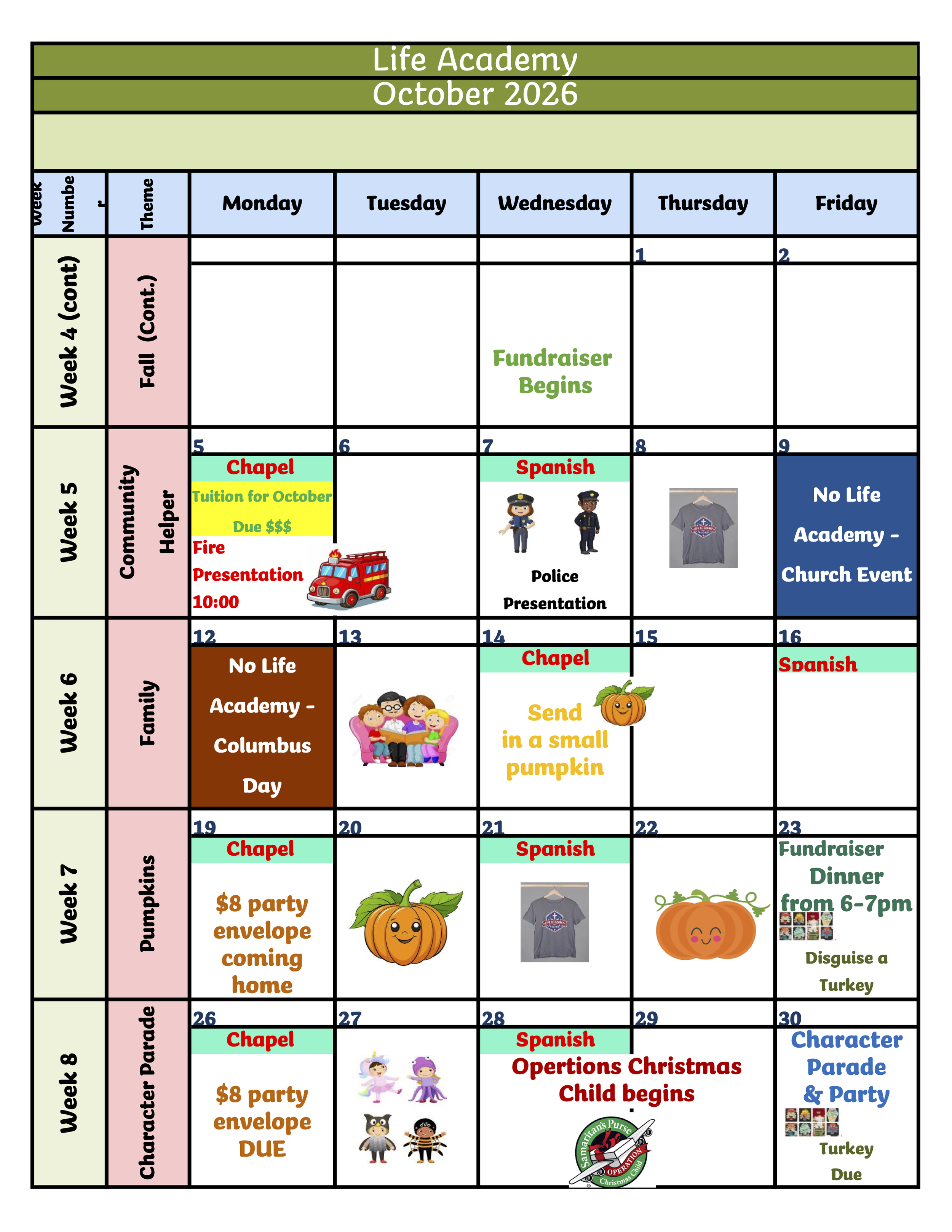 A school activity calendar for October 2026, divided weekly and by themes such as Community Helpers, Family, and Pumpkints. It lists events like a fire presentation, police presentation, child dress-up day, and various celebrations with colorful icons.