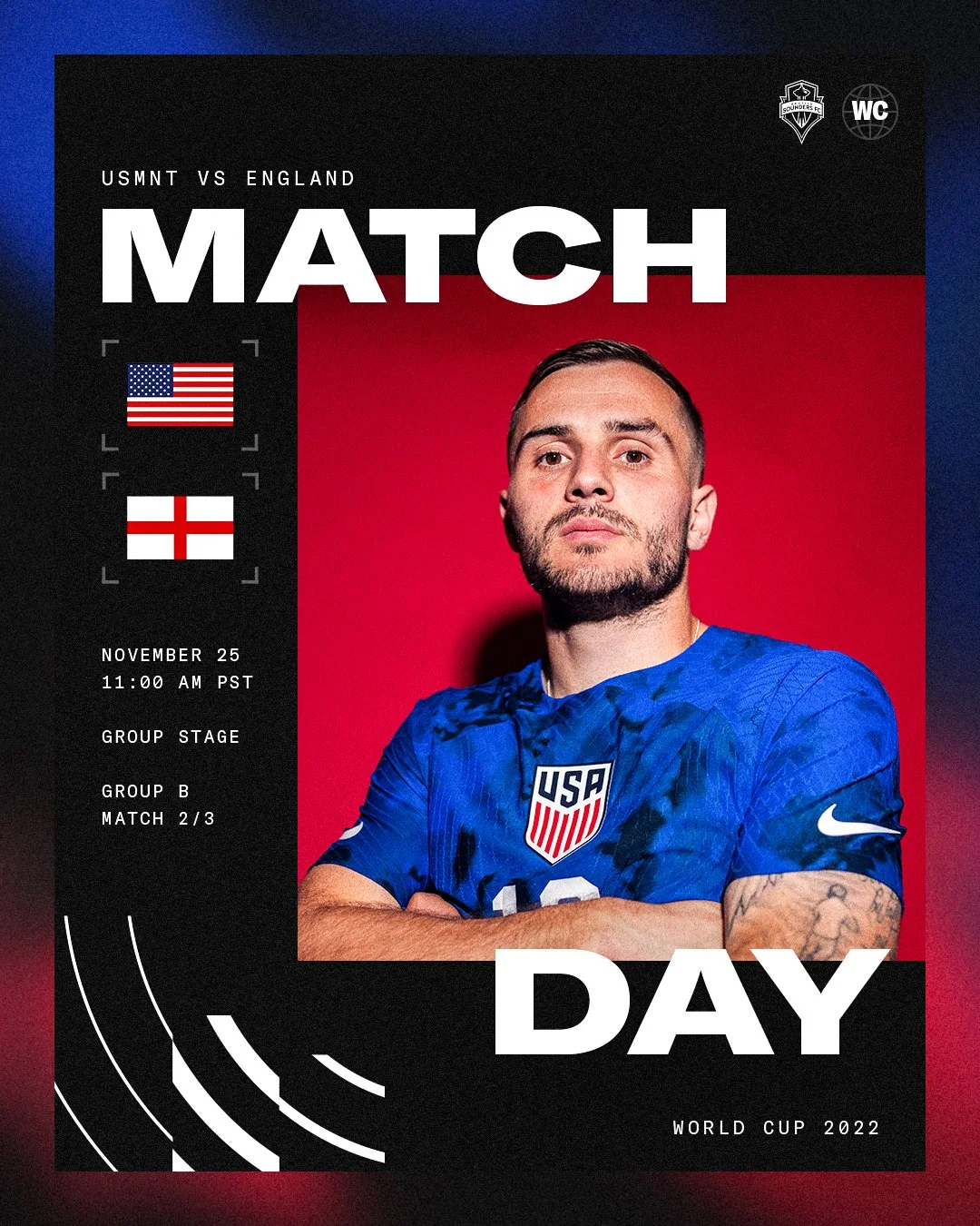Poster for a USA men's national soccer team match against England during the 2022 World Cup. The match is on November 25 at 11:00 AM PST, at the group stage, Group B, Match 2 of 3. The poster features a photo of a soccer player in a blue jersey with 