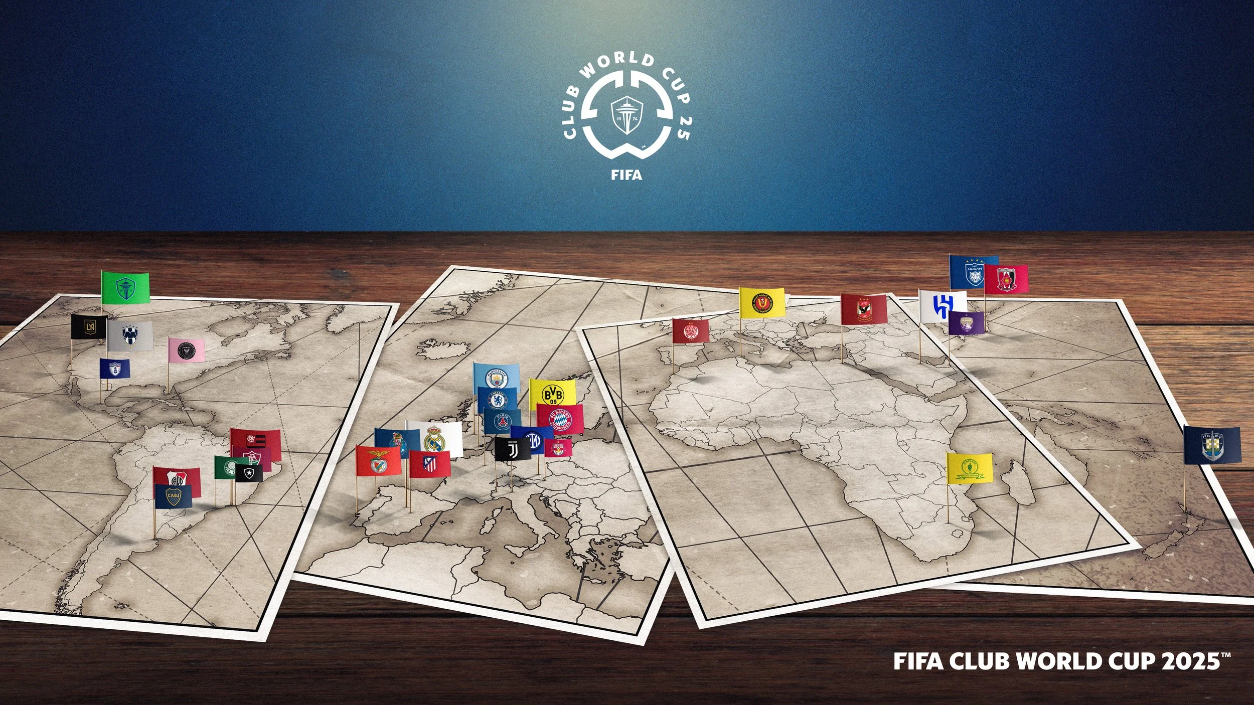A world map with flags representing different soccer teams arranged for the FIFA Club World Cup 2025.