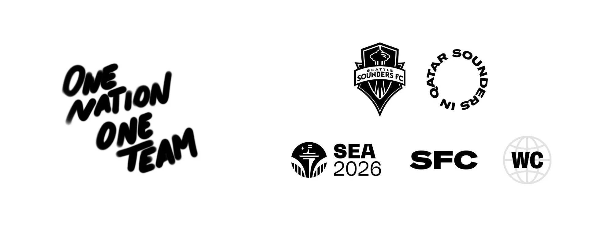 Various black and white logos and texts, including a message that says "One Nation One Team," the Seattle Sounders FC crest, a circular text "In Qatar Sounders in," the SEA 2026 logo, the abbreviation "SFC," the abbreviation "WC," and a globe outline