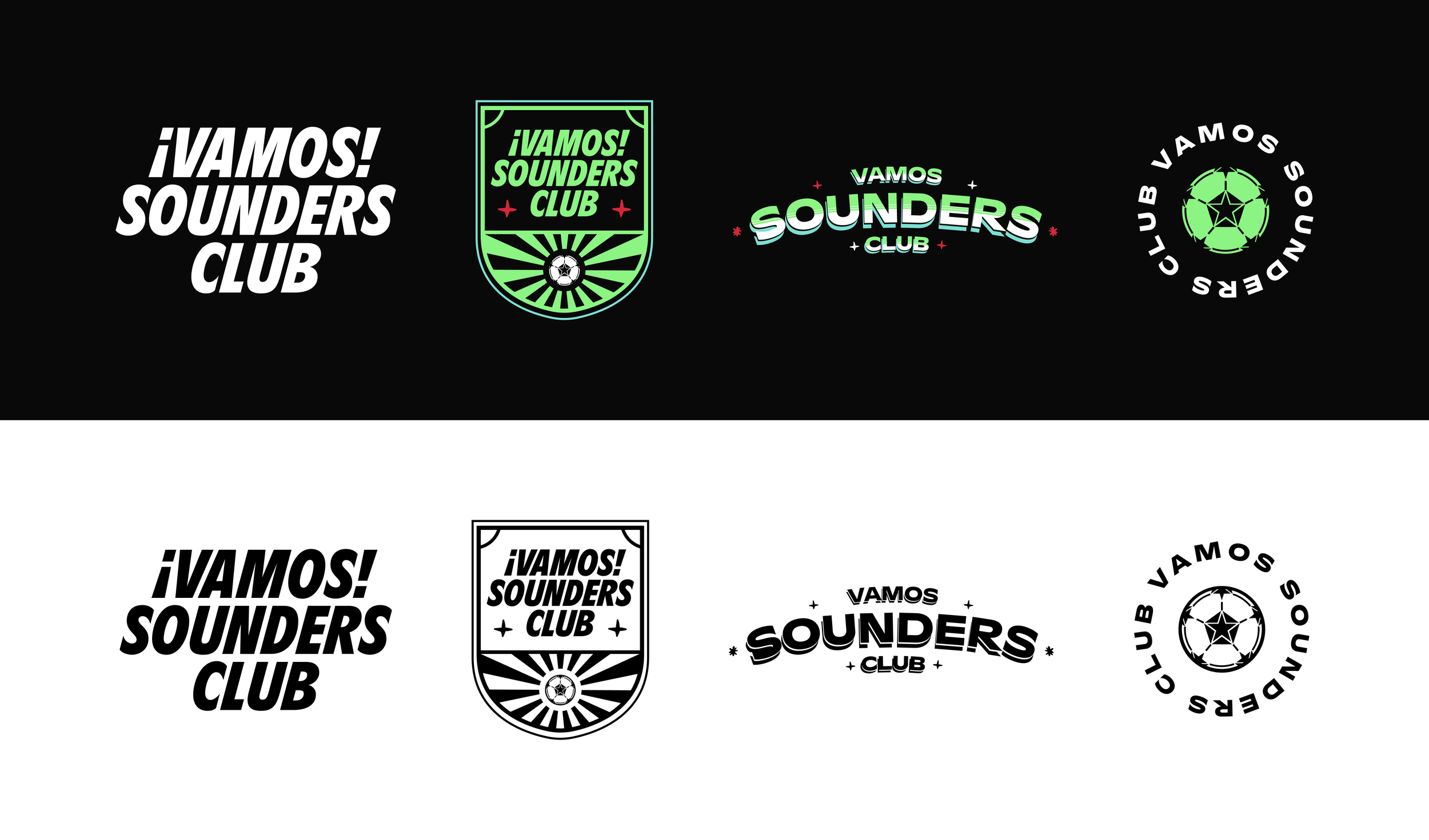 Visual representation of both color and black-and-white variations of the logo suite for 'Vamos Sounders Club'.