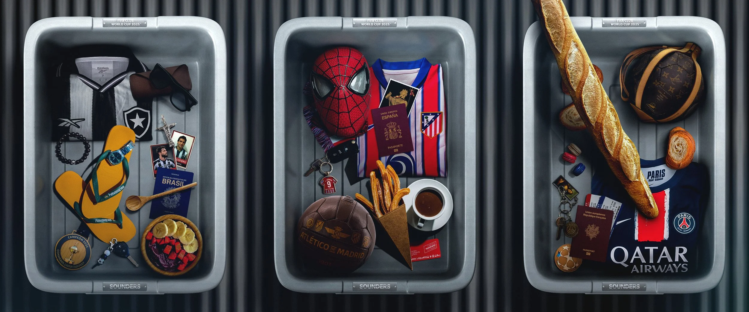Three gray storage bins filled with various sports and travel items. The left bin contains memorabilia including a medal, photos, a keychain, and a model of a shoe. The middle bin holds an Atletico Madrid soccer ball, a churro, a copy of a Spanish pa