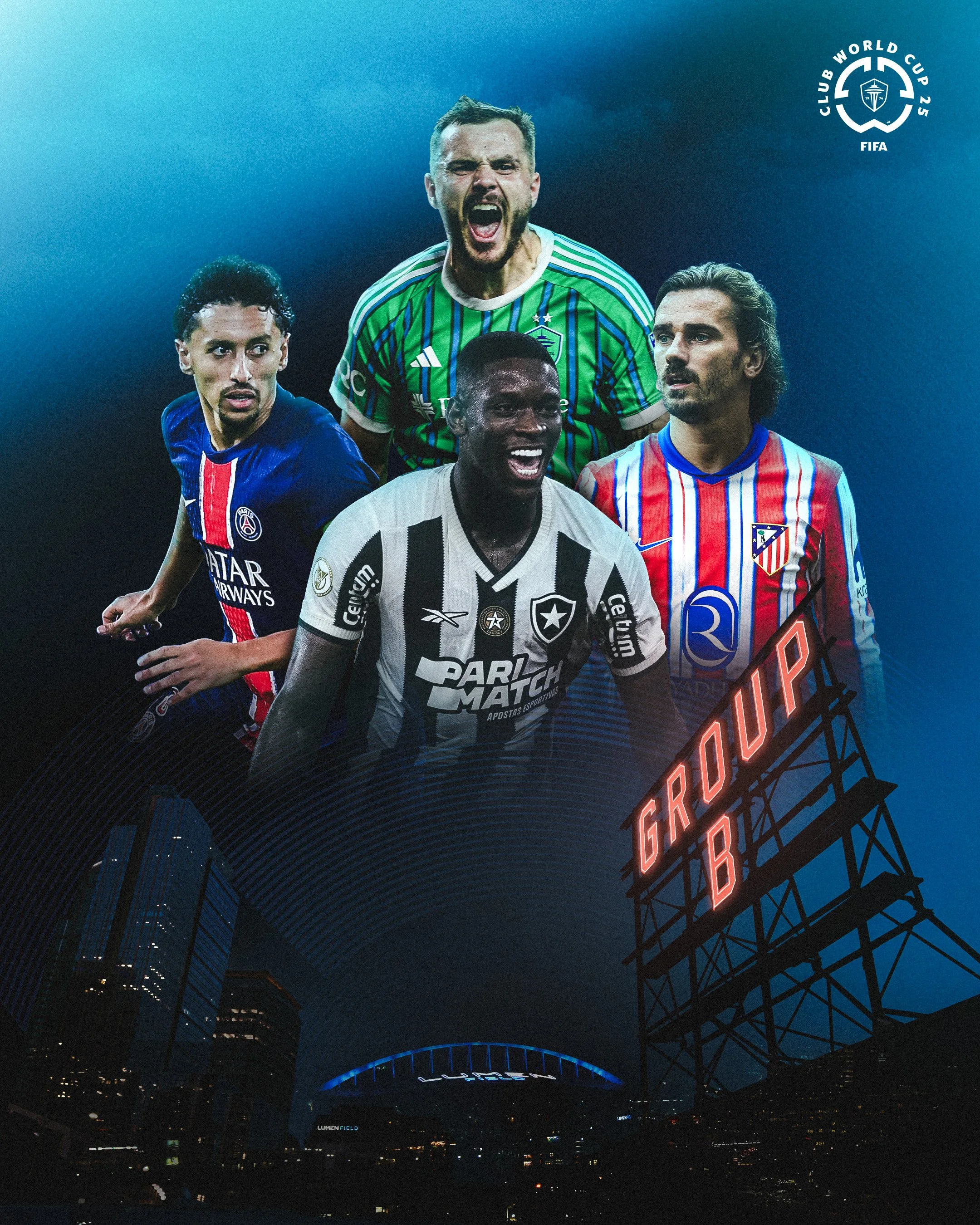 Promotional image for a FIFA World Cup 2022 group B soccer match featuring five soccer players in their team jerseys, with a cityscape and illuminated stadium in the background.