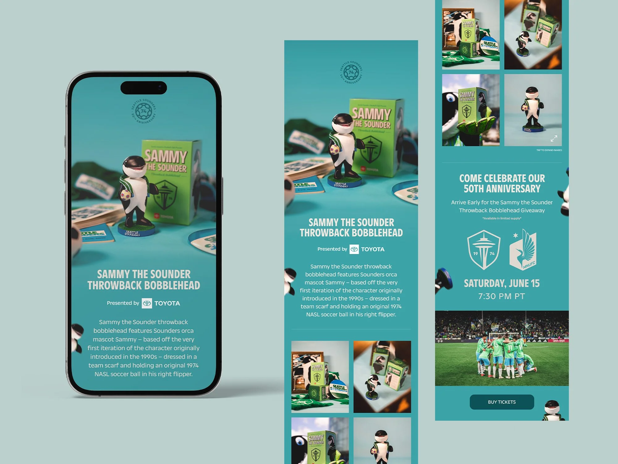 An advertisement for the 50th anniversary of the Seattle Sounders features Sammy the Sounder mascot and various soccer merchandise. The ad includes a QR code, event details, and a "Buy Tickets" button, with images of soccer-related items and a group 