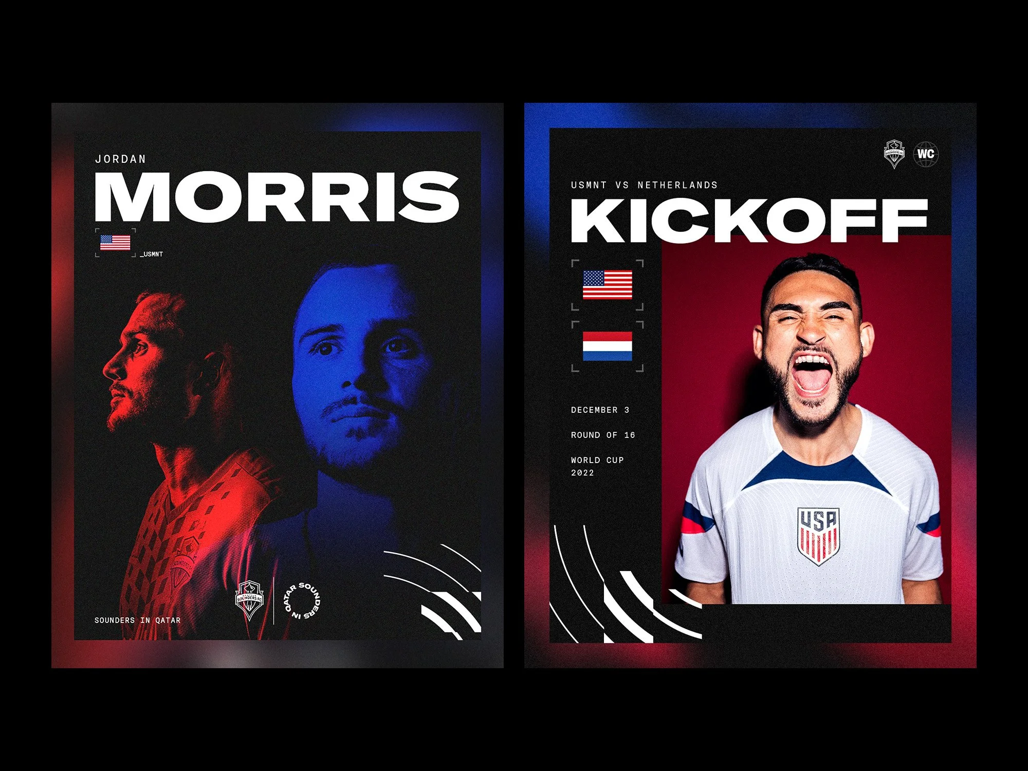 Digital posters for a soccer match between Jordan Morris and an opposing player, featuring images of the players, dates, and match details.