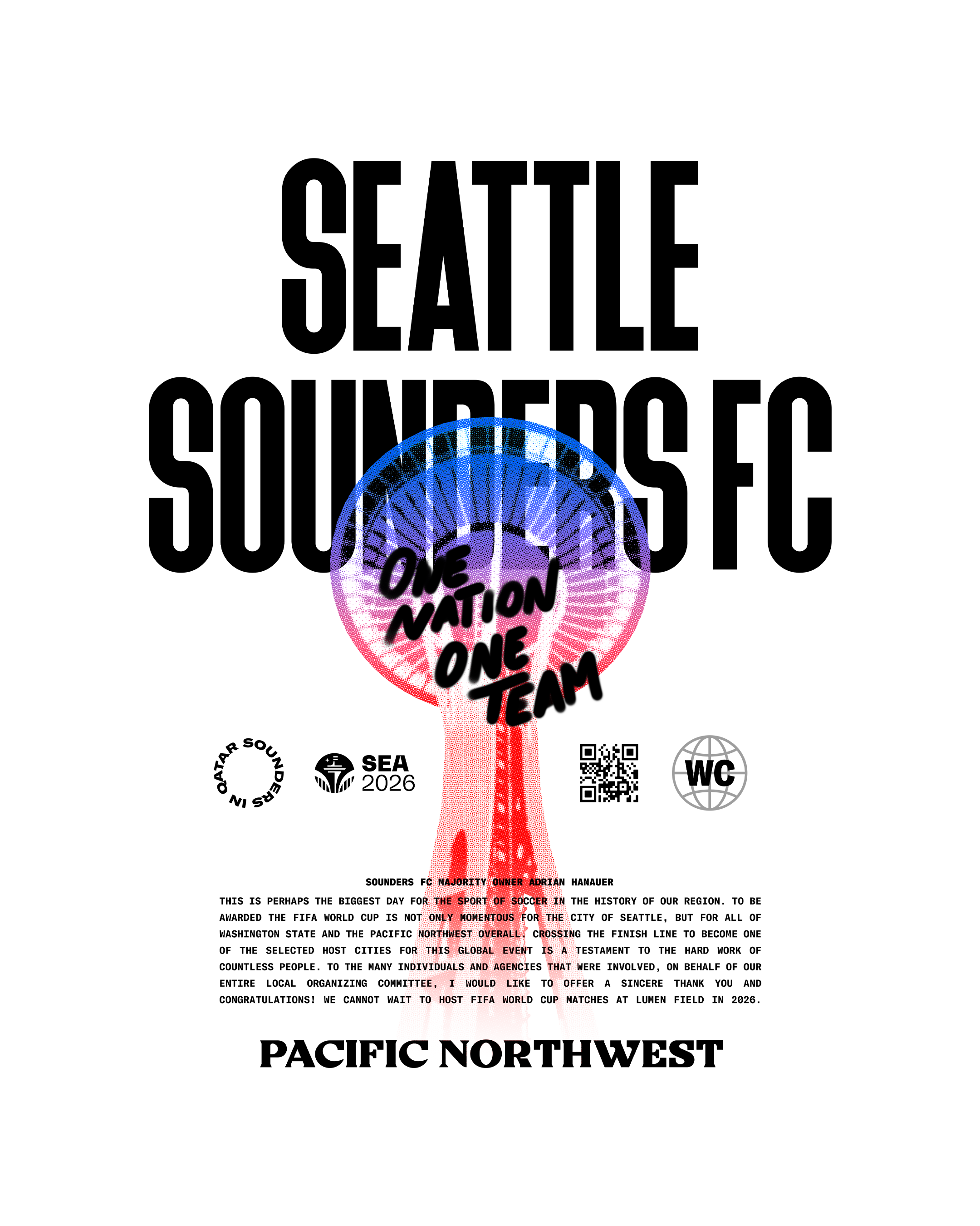 Promotion poster for the FIFA World Cup 2026 in Seattle, Washington, featuring a stylized space needle with red, white, and blue colors, and text emphasizing unity for the event.