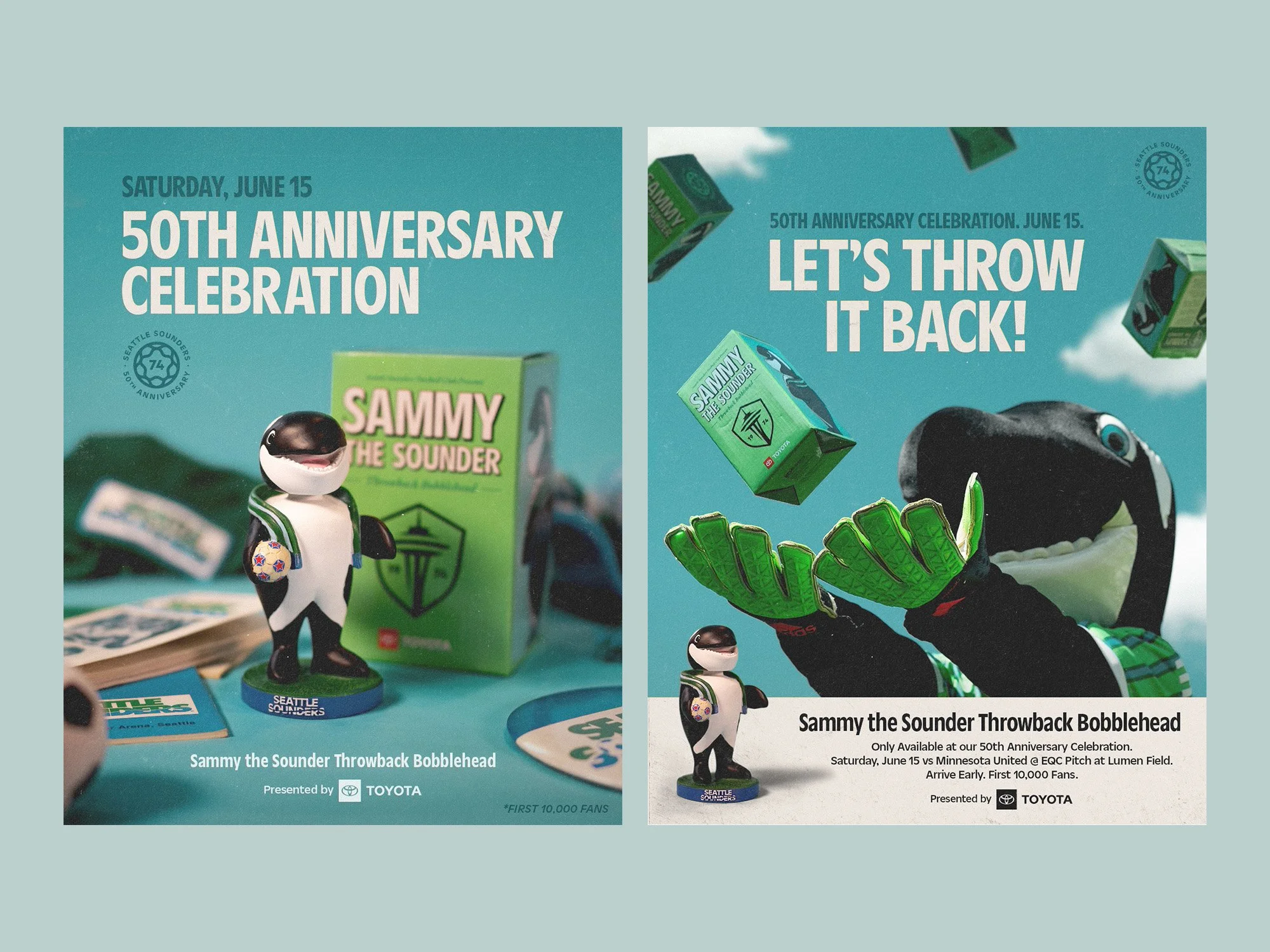 Promotional flyers for the Seattle Sounders' 50th anniversary celebration. The left flyer features a figure of Sammy the Sounder mascot holding a soccer ball with green and white colors, and the right flyer displays Sammy with open hands, smiling in 